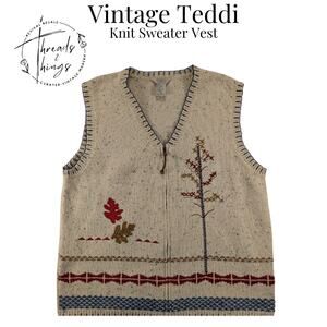 VTG Teddi Knit Sweater Vest Granny Cottage Core Fall Leaf Artsy Embroider Nature